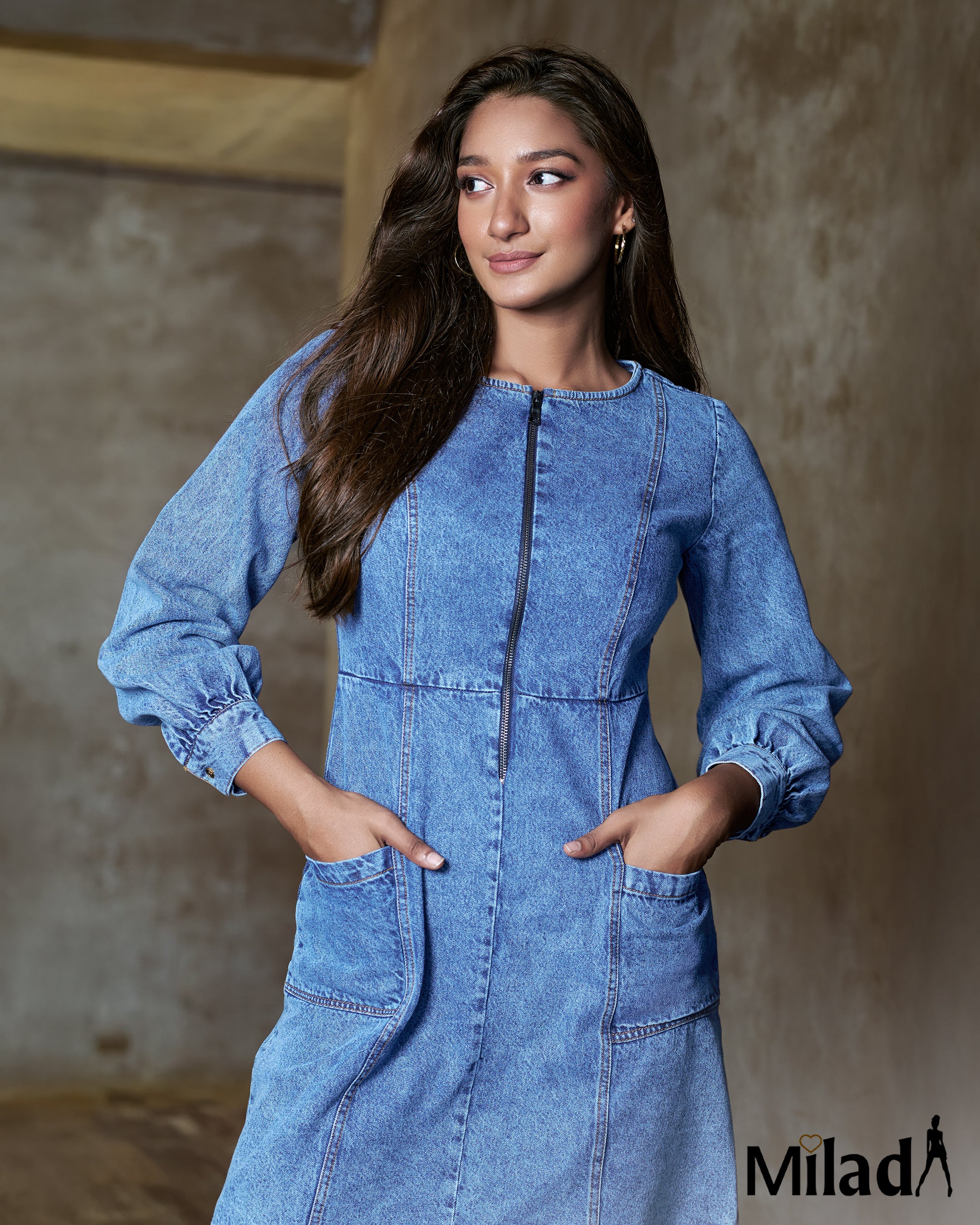 PUFF SLEEVE FRONT ZIPPER DRESS