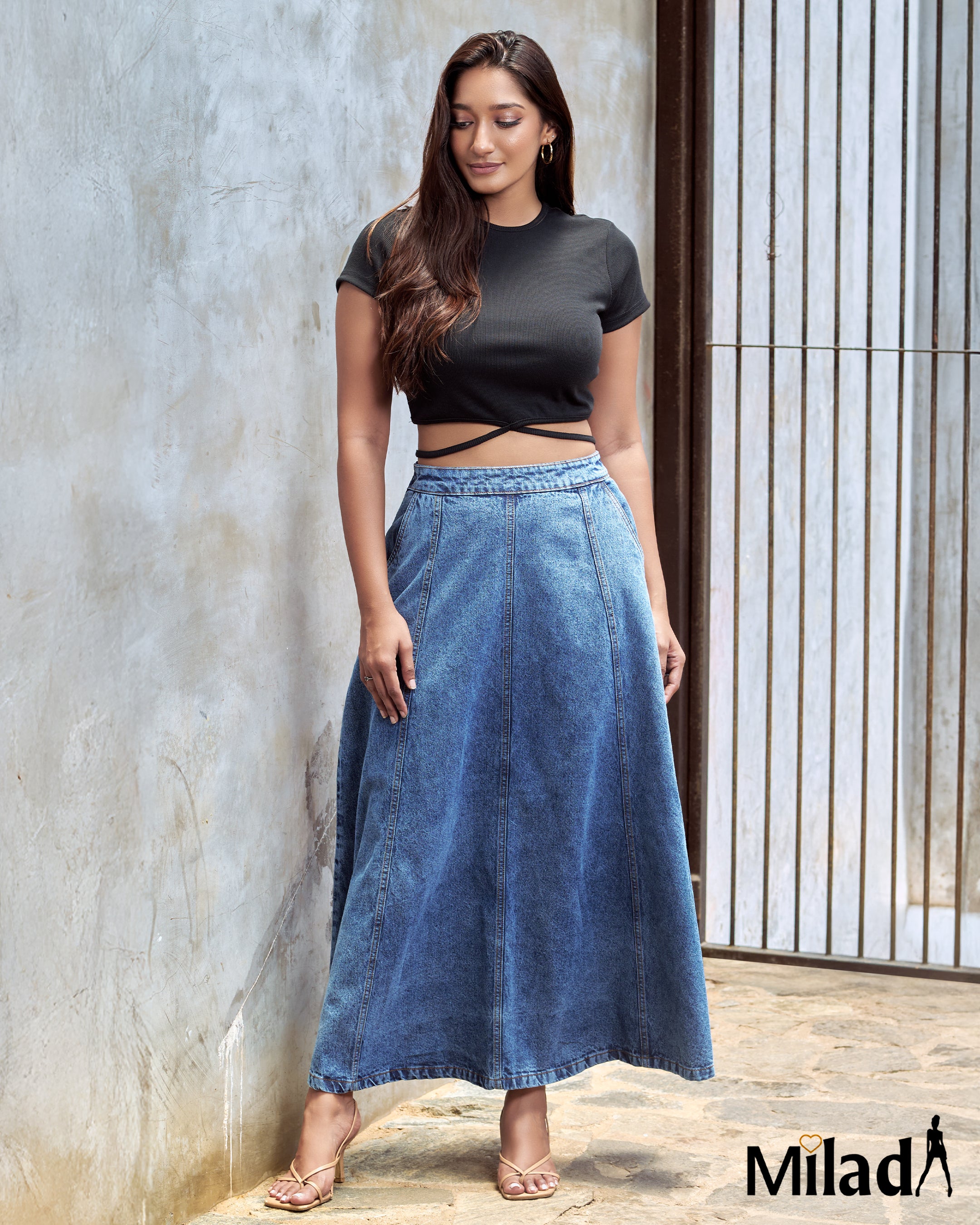 PANELLED DENIM FLARED SKIRT
