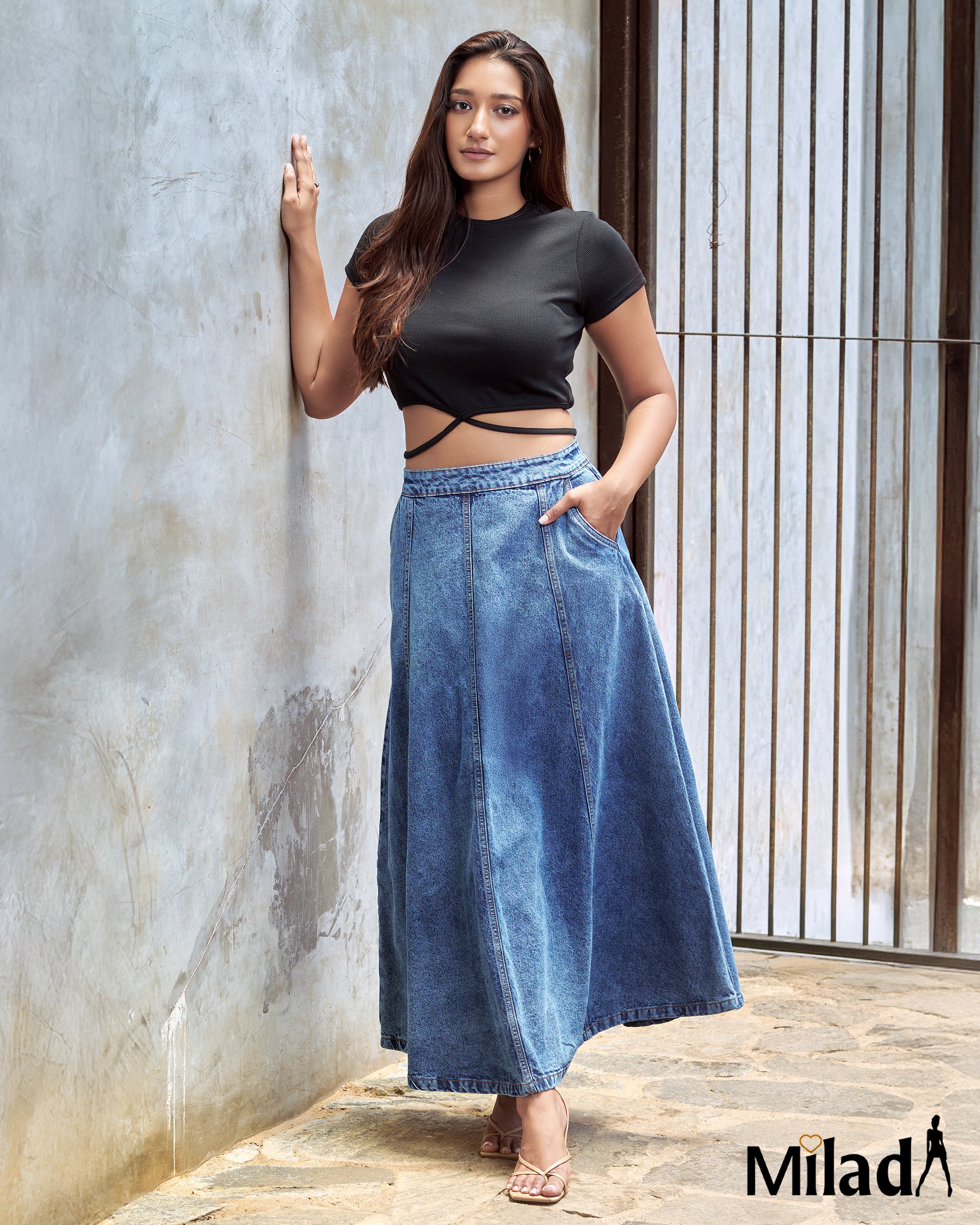 PANELLED DENIM FLARED SKIRT