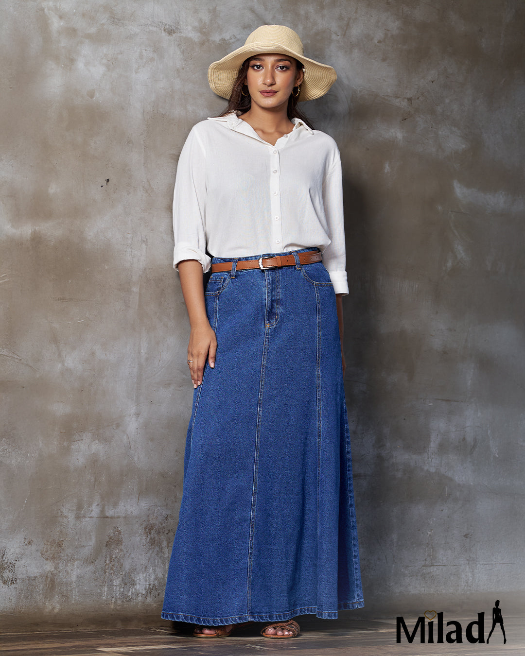 DENIM FLARED MAXI SKIRT