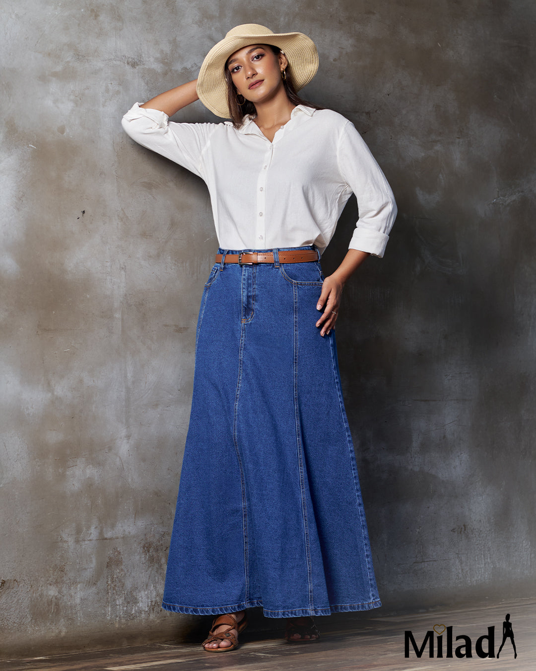 DENIM FLARED MAXI SKIRT