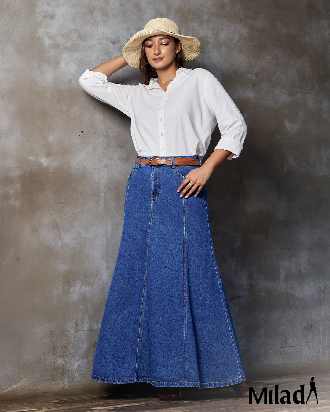 DENIM FLARED MAXI SKIRT