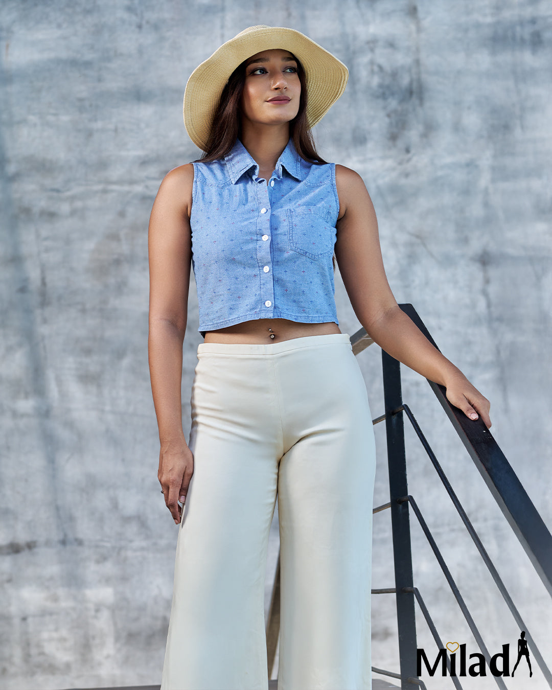 PRINTED CHAMBRAY CROP TOP