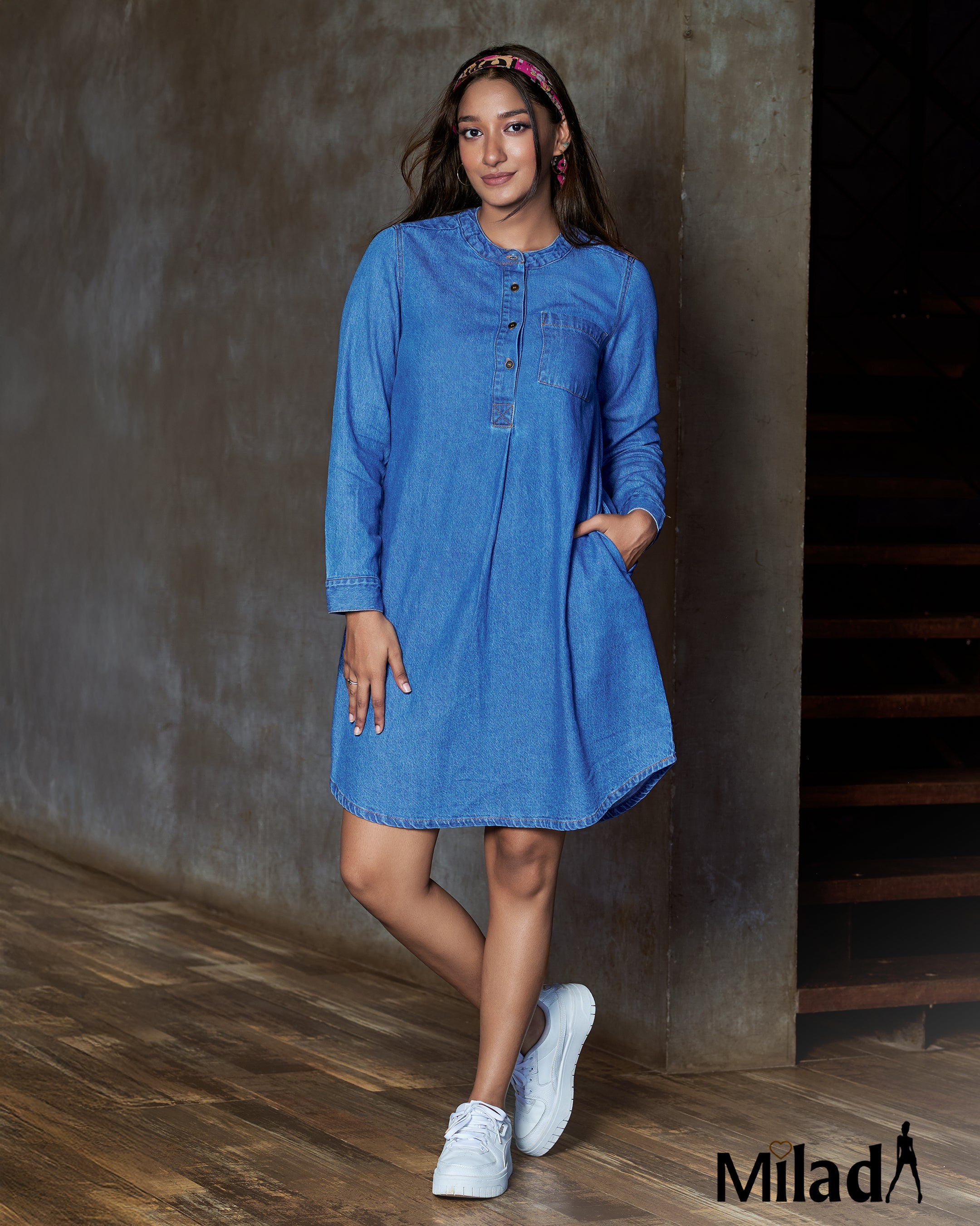 DENIM HALF PLACKET SHIRT DRESS