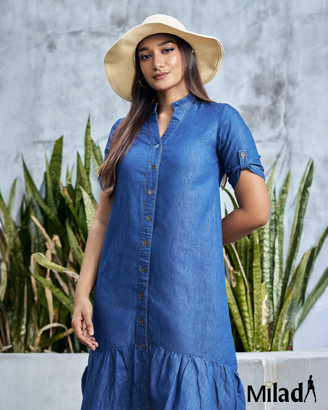CHAMBRAY BOTTOM FRILL BUTTON UP SHIRT DRESS